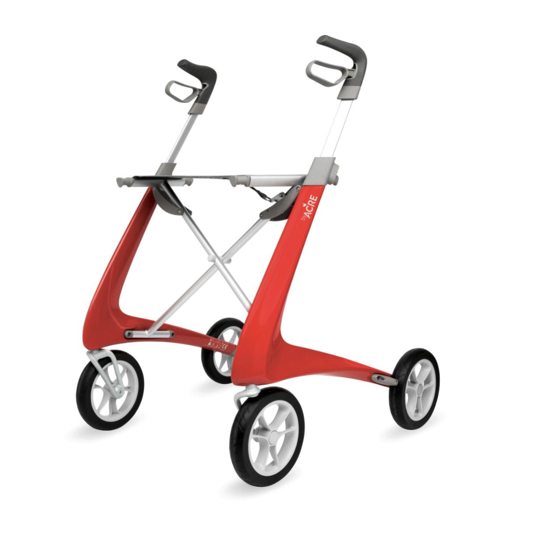 The ByACRE Ultralight Carbon Fiber Rollator weighs 10.6 lbs and features a modern design with a red carbon fiber frame, four large black and white wheels, angled metal supports, ergonomic gray handles, and a crossbar for stability.